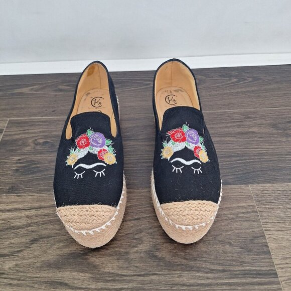 💙 Carlo Cambuston Natural Materials Slip Espadrilles Platform Embroidered Size - Picture 3 of 8